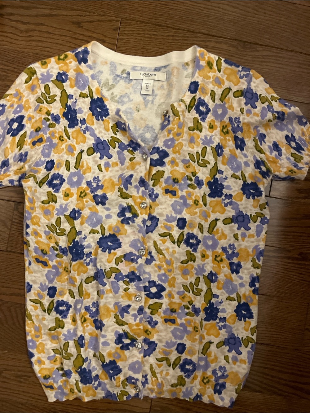 Liz Claiborne Cream Floral Crop Top with Blue, Yellow and Green Print